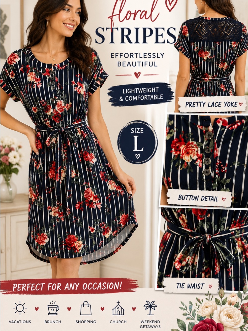 Bobbie Brooks Navy Floral-Stripe Tie-Waist Midi Dress